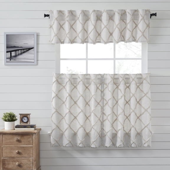 VHC Brands Frayed Lattice 3 PC Oatmeal Tan Curtain Set (1 Valance 16x72 and 2 Tier 36x36)