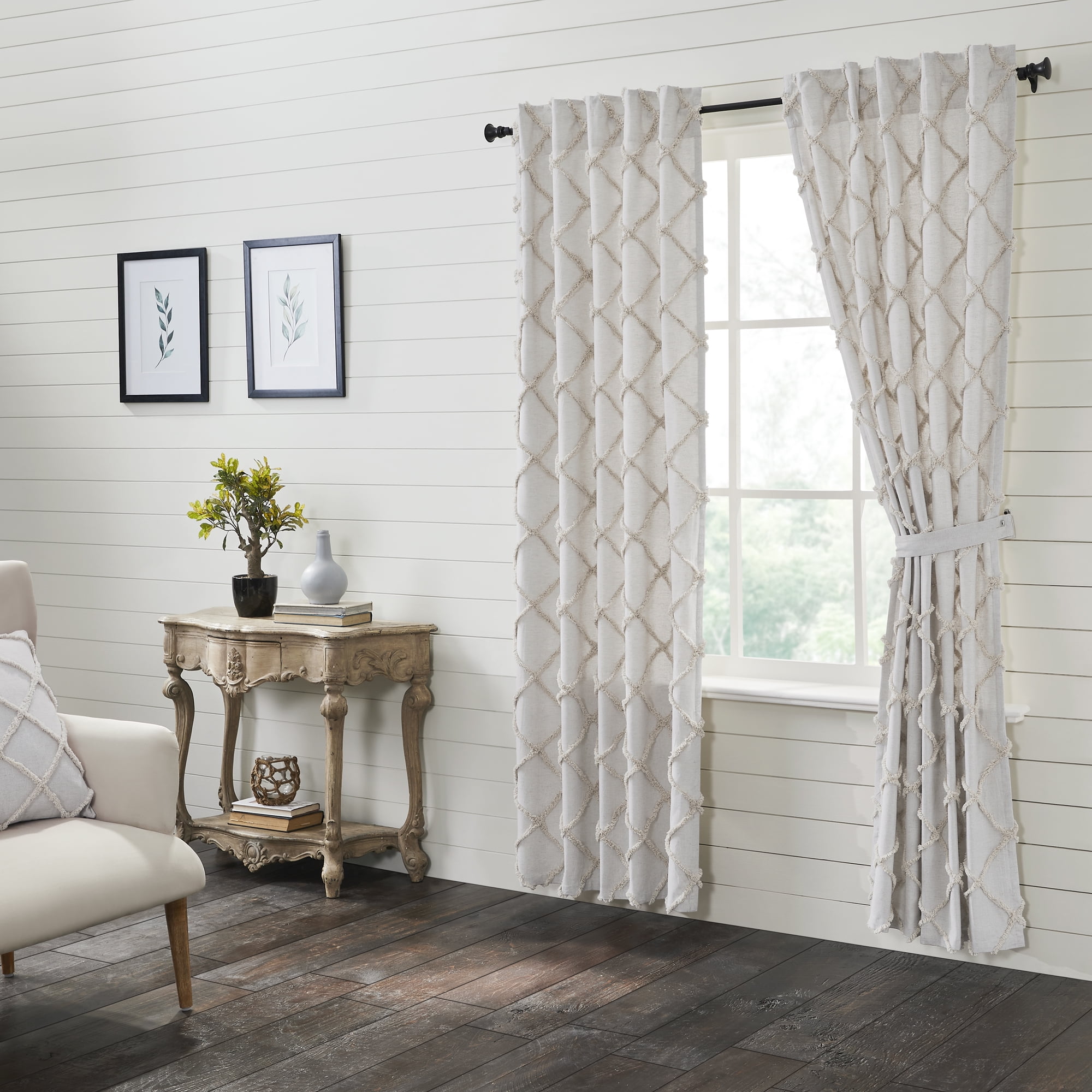 Oatmeal Cotton Frayed Lattice Rod Pocket Window Panels, Set of 2
