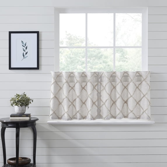 VHC Brands Frayed Lattice Curtain Tier, Oatmeal, 24x36, Set of 2