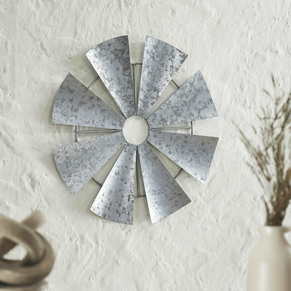 VHC Brands Galvanized Metal Windmill Blades Wall Hanging 16.75x16.75, Country Decor, Decorative Wall Art, Rustic Farmhouse Decorations, Galvanized Grey