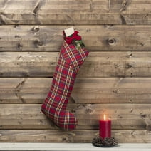 VHC Brands Galway Plaid Textured Cotton Rustic Christmas Decor Fabric Loop 20x11 Stocking, 20 x 11