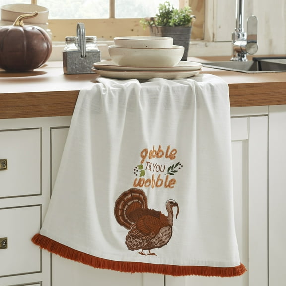 VHC Brands Gobble Til You Wobble Tea Towel, Fall and Thanksgiving Dish Towel, Primitive Kitchen Decor White, Nut Brown, Burgundy, 19x28
