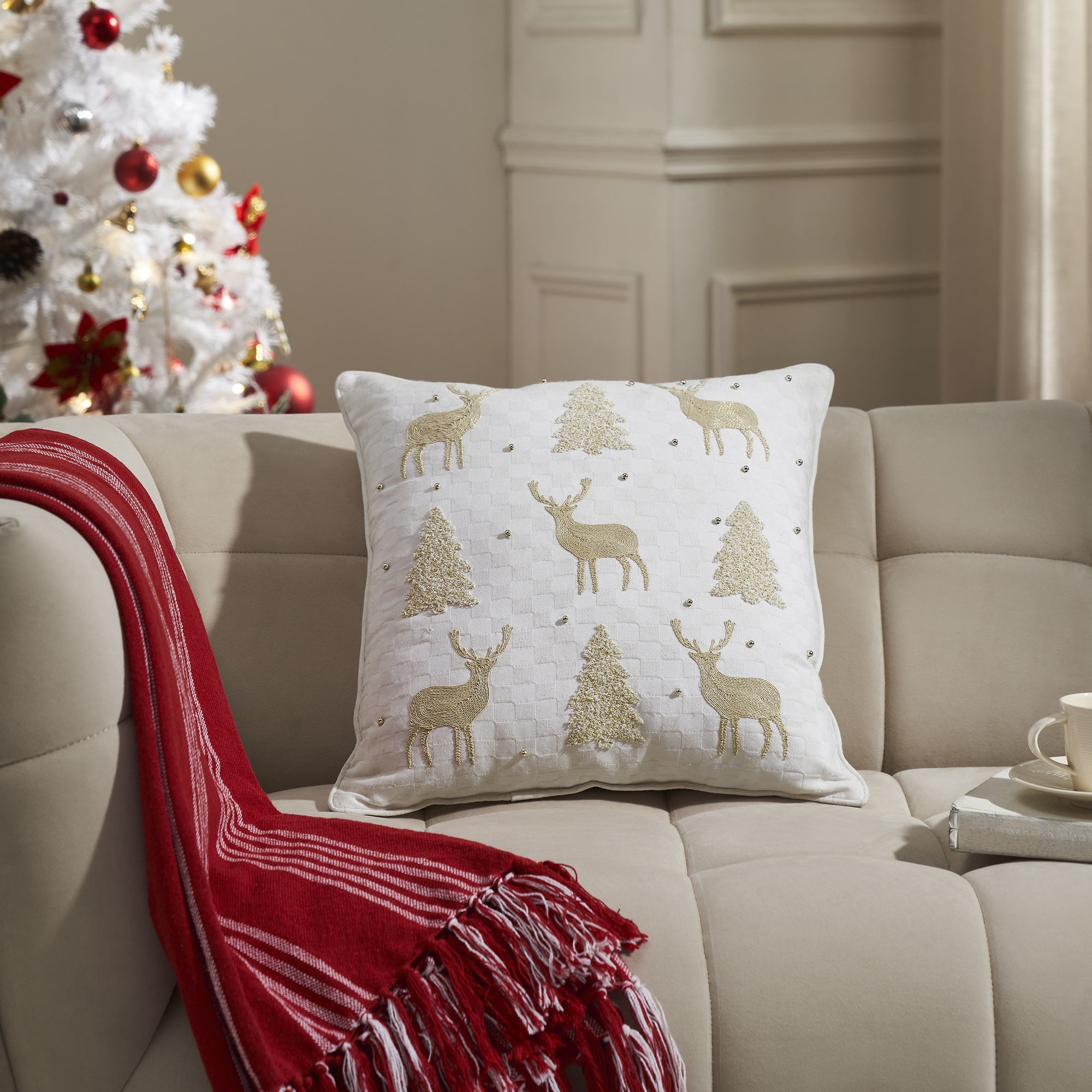 Golden Deer and Pine Embroidered Pillow - Thumbnail 4