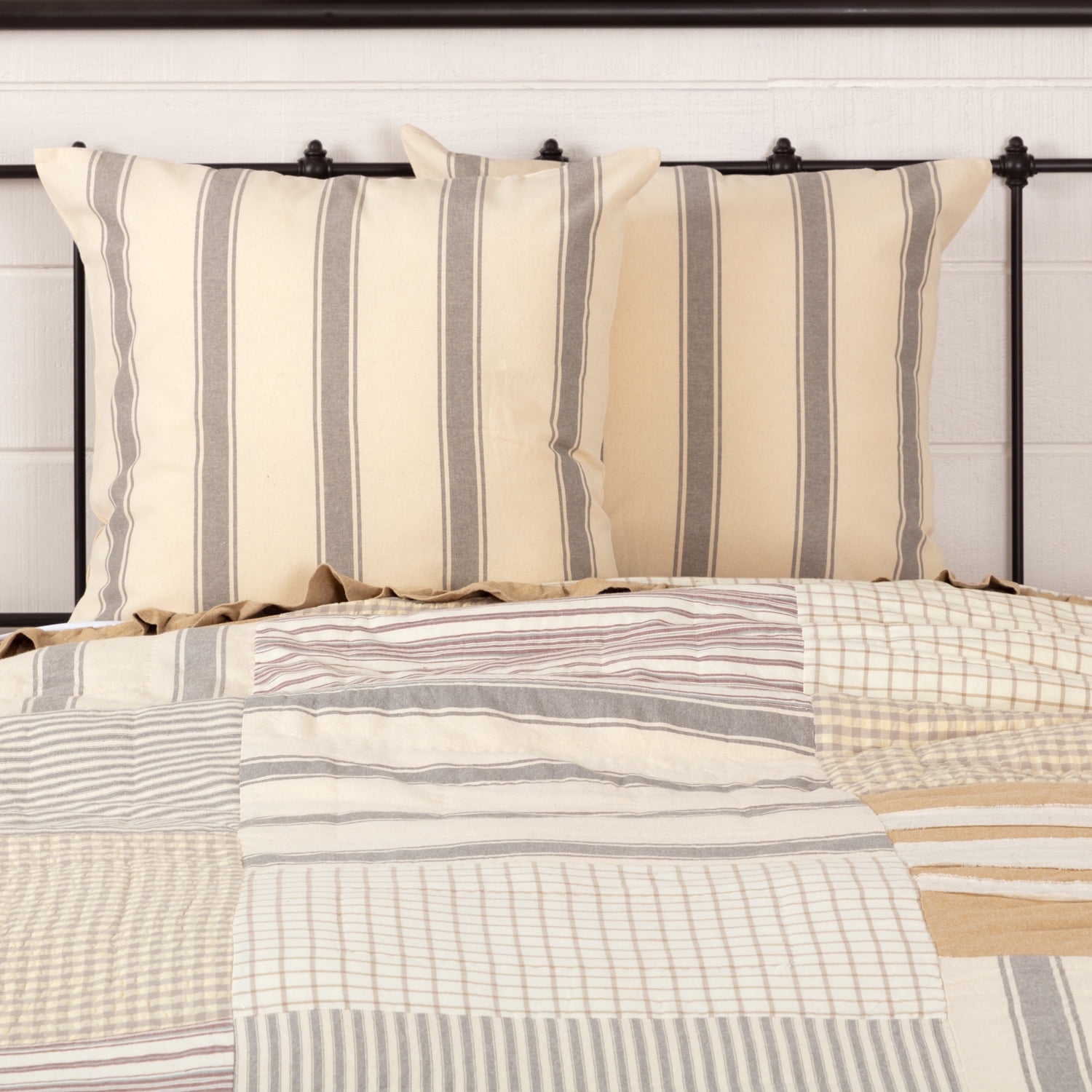 VHC BRANDS Burlap Antique White Farmhouse Fringed Ruffle Cotton Euro Sham  51192