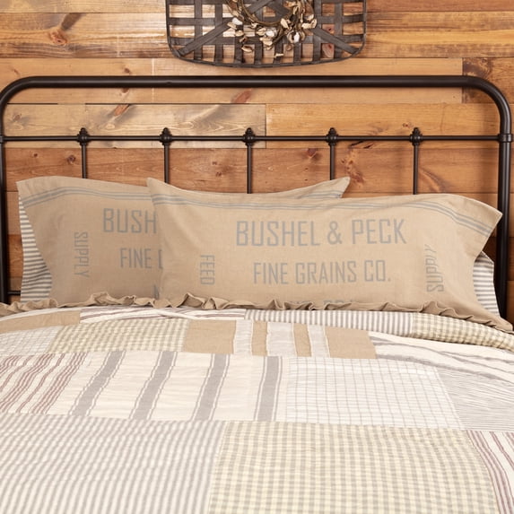 VHC Brands Grace Pillow Case Set King Size Cotton Farmhouse Vintage Grain Sack Style Reversible Stripe 21x40