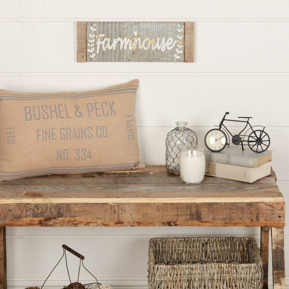 VHC Brands Grace Grain Sack Text Chambray Cotton Farmhouse Bedding Stenciled 22x14 Filled Pillow, Natural Tan