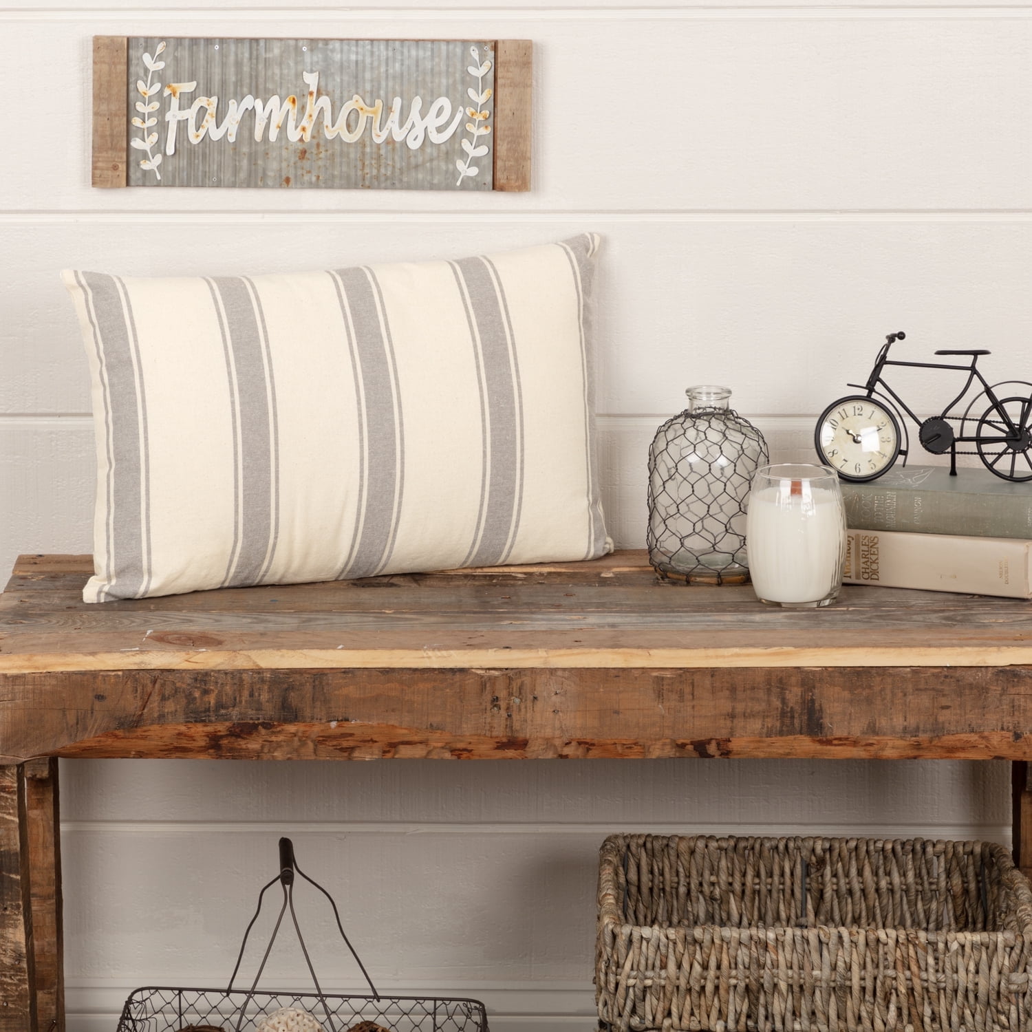 Grace Striped Creme and Gray Cotton Rectangular Pillow
