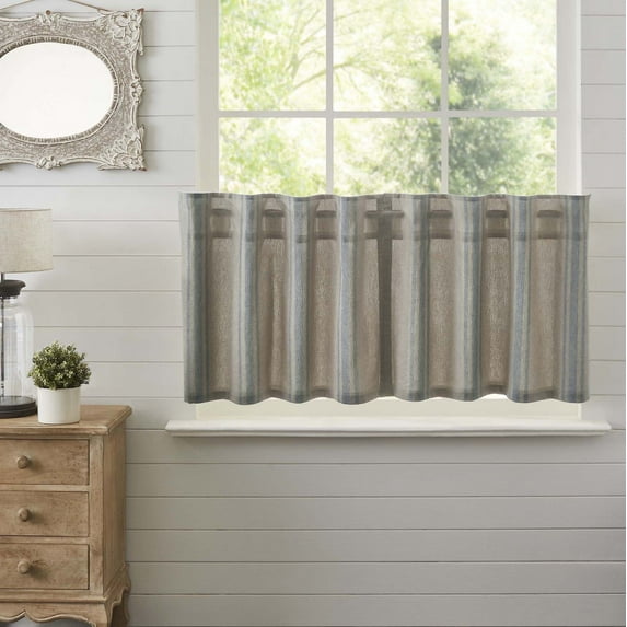VHC Brands Grain Sack Blue Stripe Vintage Farmhouse Kitchen Curtain Tier Set 24x37