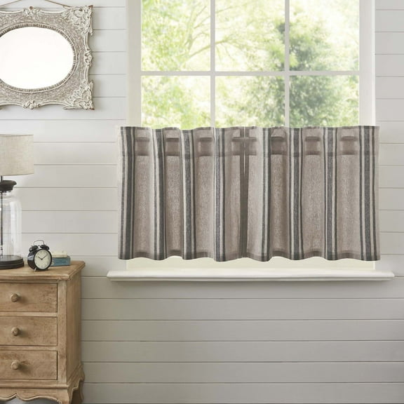 VHC Brands Grain Sack Charcoal Black Stripe Farmhouse Kitchen Curtain Tier Set 24x37