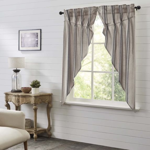 VHC Brands Grain Sack Charcoal Black Stripe Farmhouse Prairie Short Panel Curtain Set 63x36x18