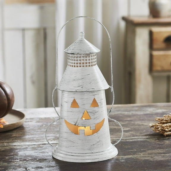 VHC Brands Halloween Lantern Tealight Holder Antique White, Fall and Halloween Kitchen Dining Table Candle Holder, Pumpkin Decor Antique White, 8x12