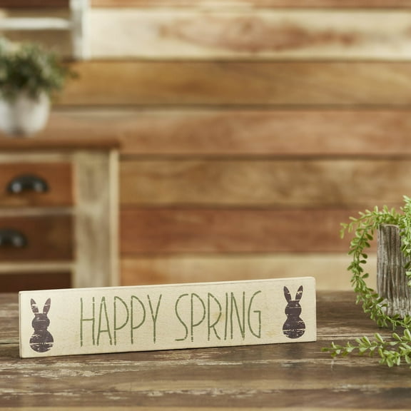 VHC Brands Happy Spring Wooden Sign 3x14, Easter/Spring Decor, Dining Room Entry Living Room Sign, Painted, Spring In Bloom Collection, Rectangle 3x14, Happy Spring Bunnies, Cypress Green