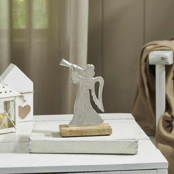 VHC Brands Hark the Herald Metal Angel on Wooden Stand 6.75x4.5x2