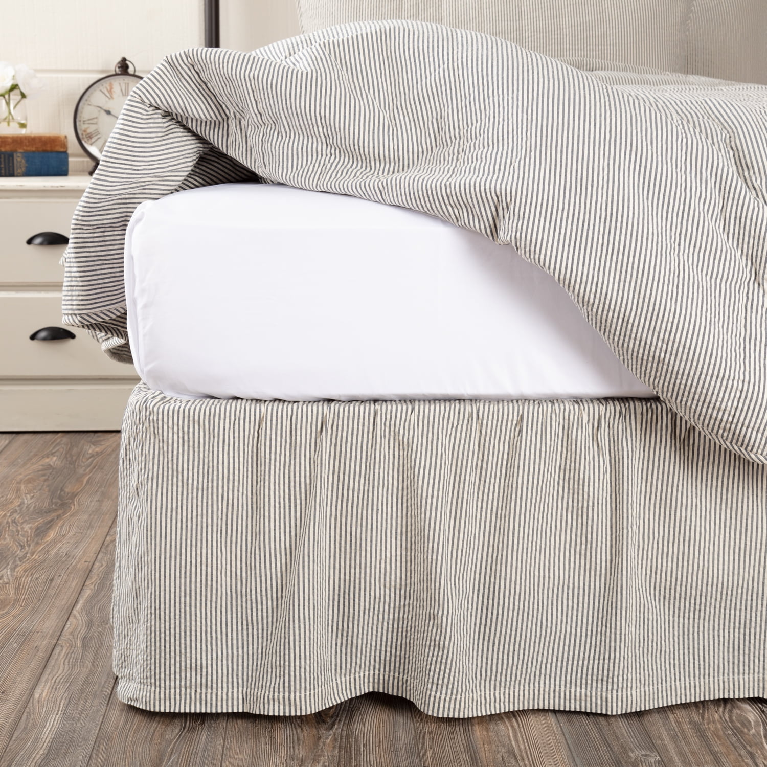 Denim Blue and White Cotton Queen Bed Skirt with Split Corners