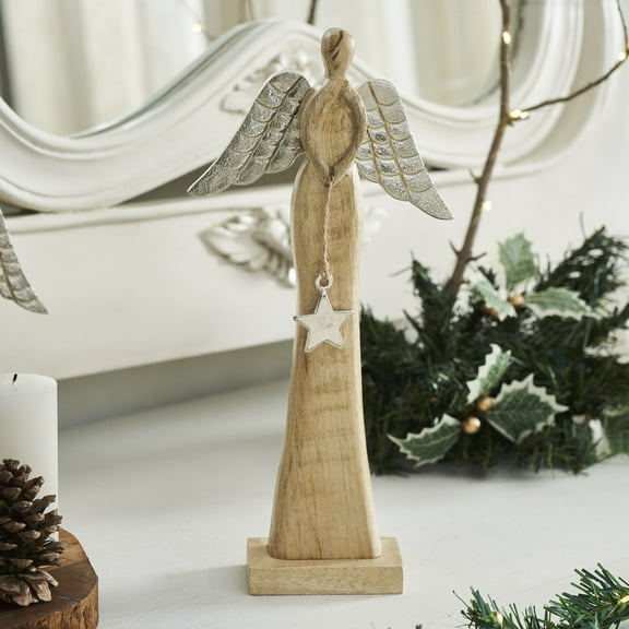 VHC Brands Heavenly Wings Natural Wooden Angel Large 12.75x6.25x2