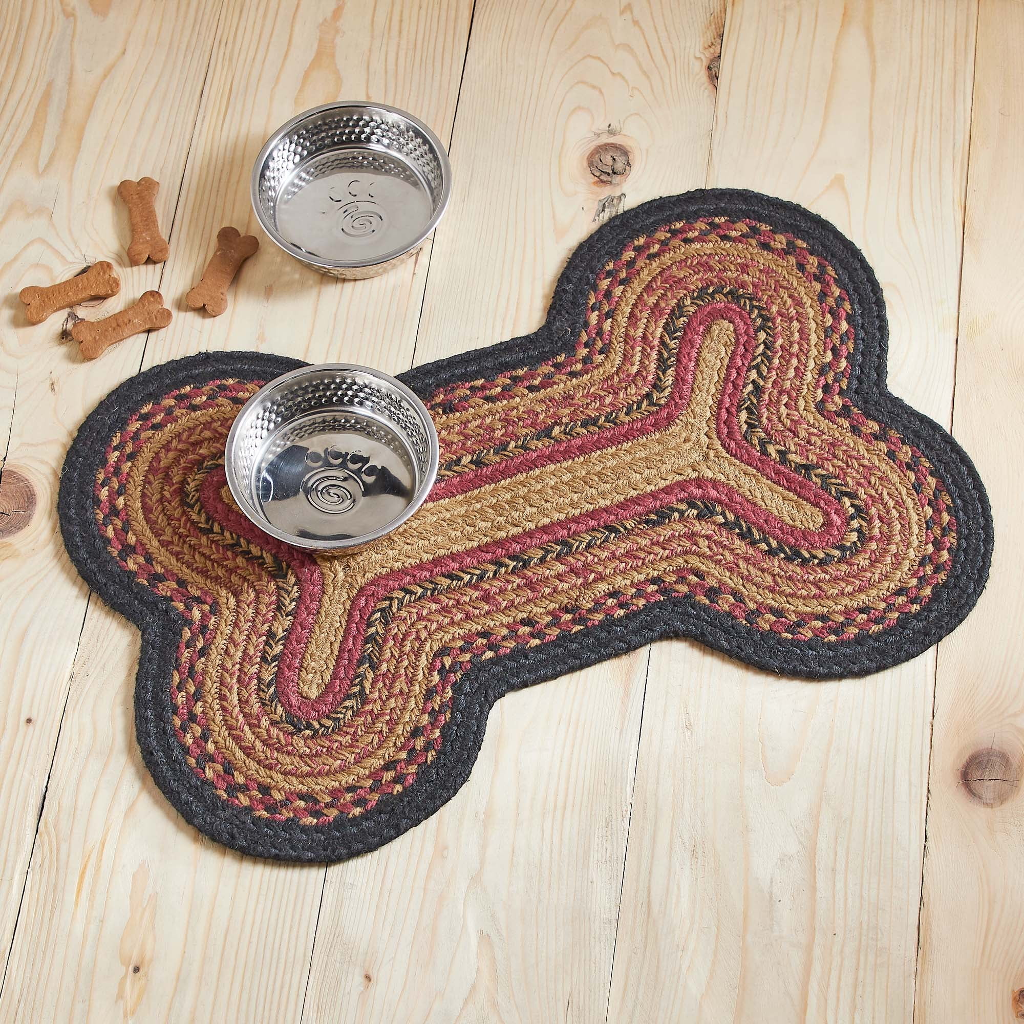 Medium Black and Red Braided Synthetic Bone-Shaped Pet Rug