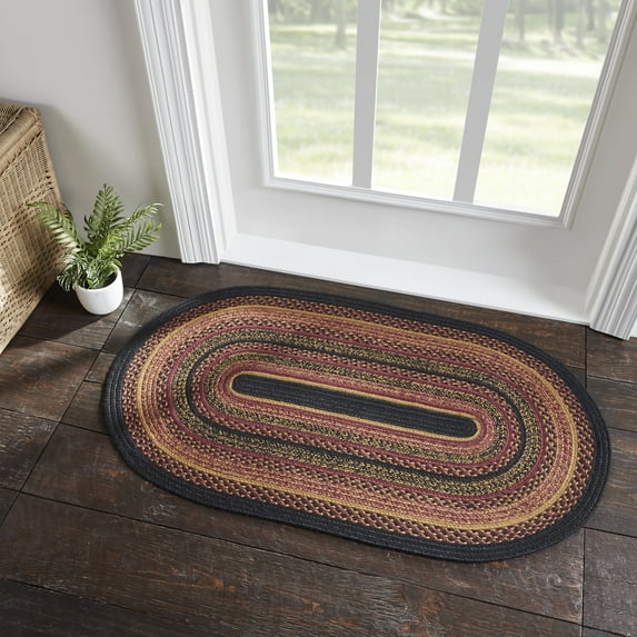 VHC Brands Heritage Farms, Braided Jute Rug, Non-Skid Pad, Accent Rug, Oval, Red Black Tan. 27x48