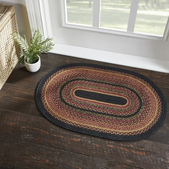 VHC Brands Heritage Farms, Braided Jute Rug, Non-Skid Pad, Door Mat, Oval, Red Black Tan. 24x36
