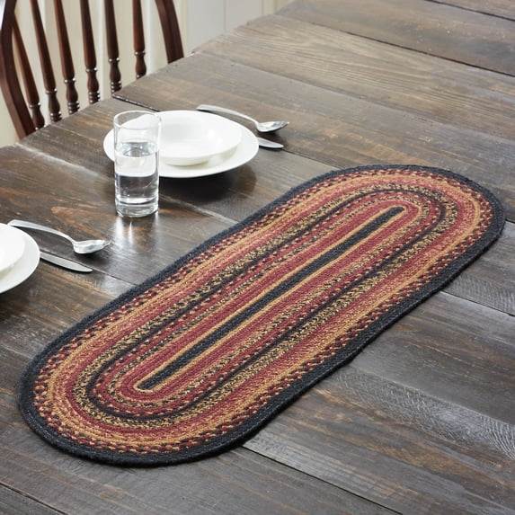 VHC Brands Heritage Farms, Braided Jute Table Runner, Oval, Red Black Tan. 13x36