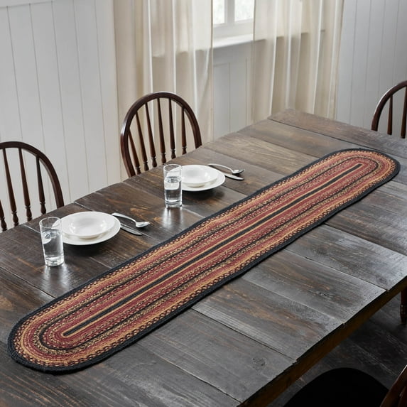 VHC Brands Heritage Farms, Braided Jute Table Runner, Oval, Red Black Tan. 13x72