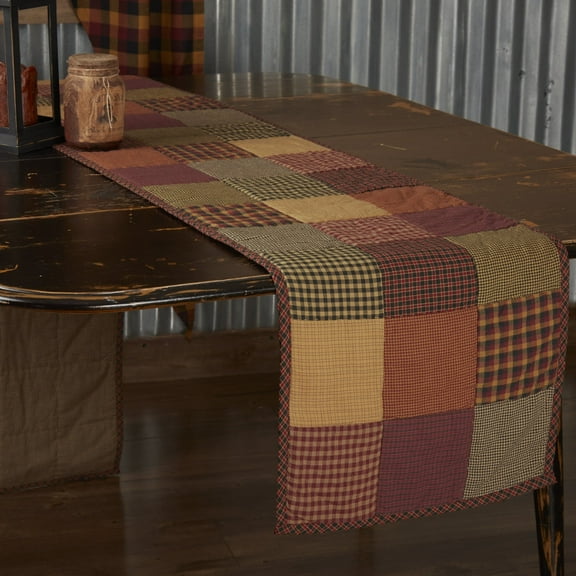 VHC Brands Heritage Farms Quilted Runner 13x90 Primitive Country Patchwork Kitchen Tabletop Design, Burgundy