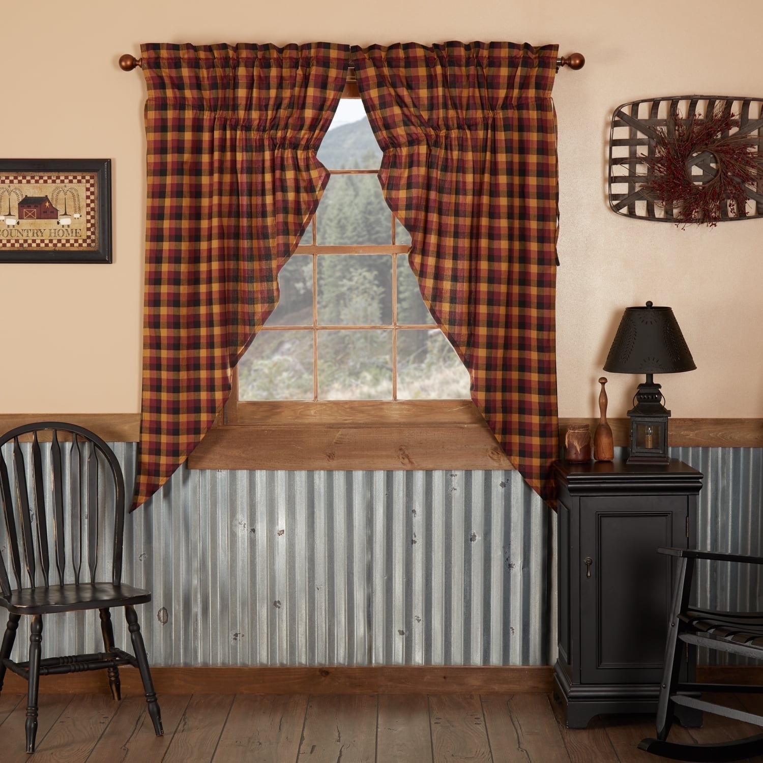 VHC Brands Heritage Farms Curtains, Primitive Check Prairie Short Panel Set of 2 63x36x18