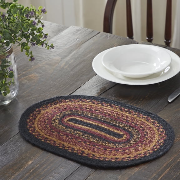 VHC Brands Heritage Farms Dining Table Placemat, Braided Jute, Oval, Red Black Tan. 12x19