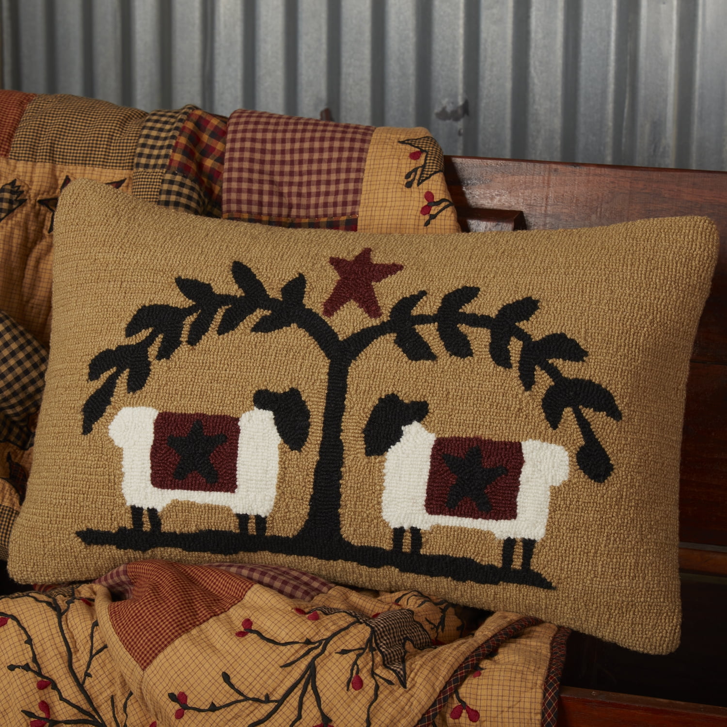 Heritage Farms Tan Wool-Cotton Sheep and Star Hooked Pillow