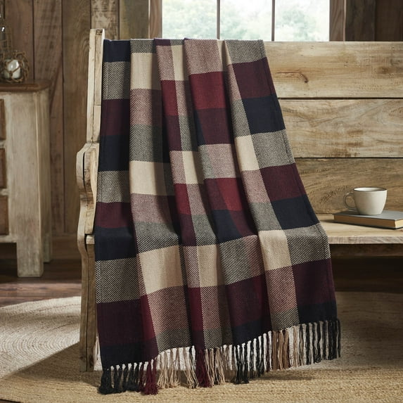 VHC Brands Heritage Farms Primitive Check Woven Throw 50x60, Bedroom and Living Room Decor, Blanket, Cotton, Heritage Farms Collection, Rectangle 60x50, Deep Burgundy