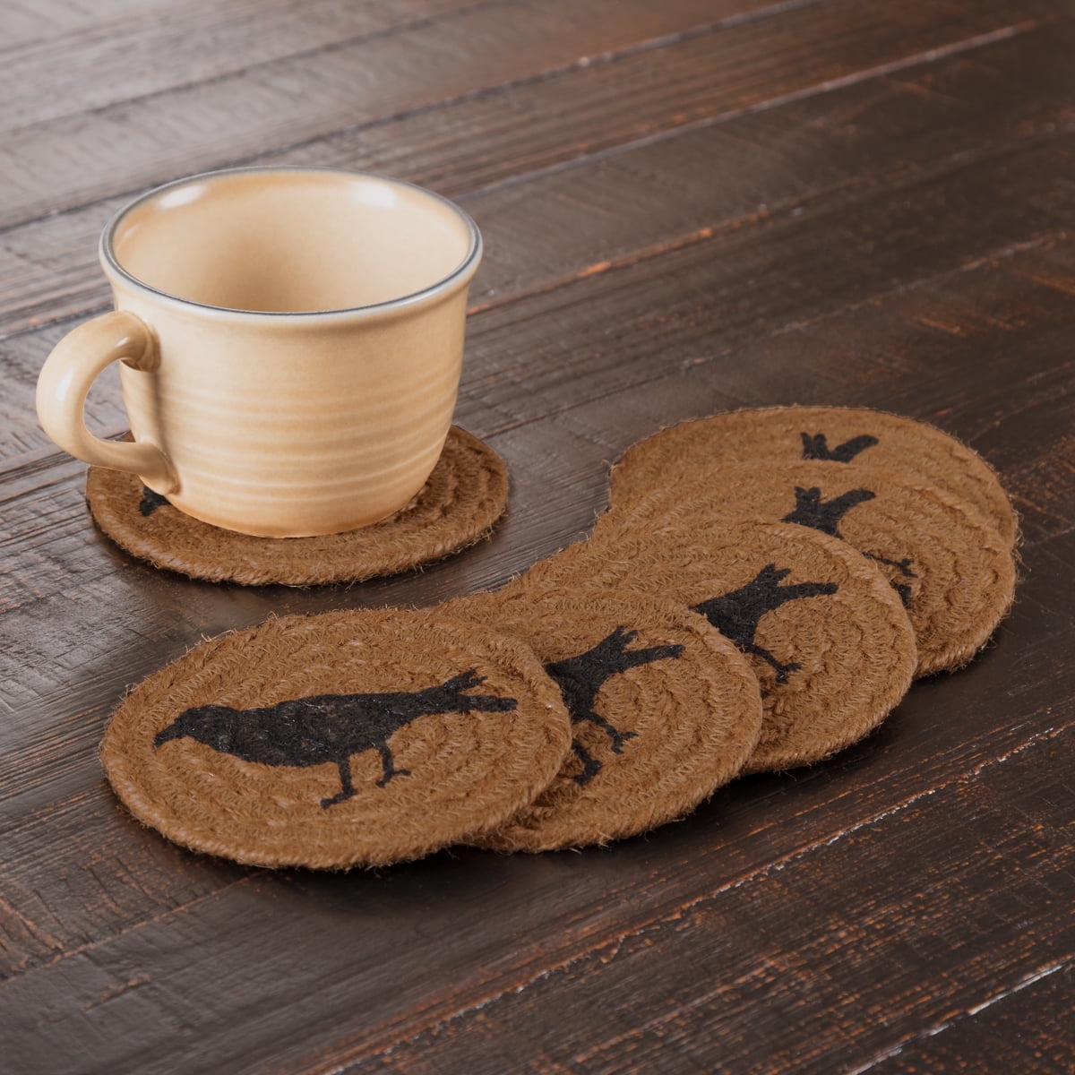Heritage Farms Primitive Jute Coasters with Crow Design, Set of 6