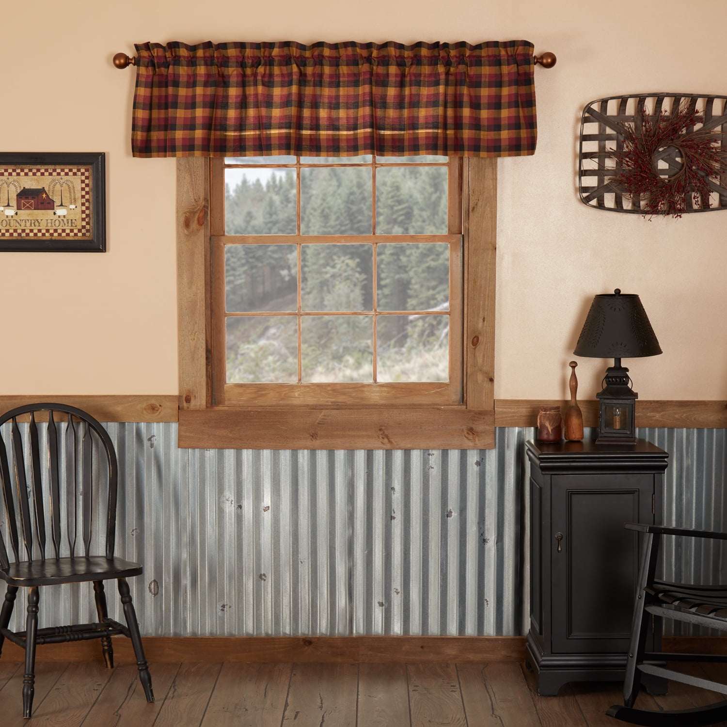 Heritage Farms Burgundy Mustard Black Cotton Check Valance 16x72