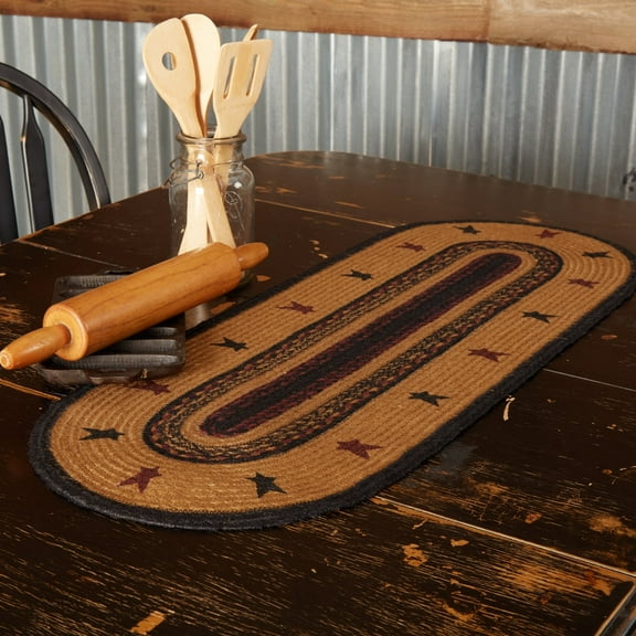 VHC Brands Heritage Farms Star Jute Table Runner 13x36 Primitive Country Braided Kitchen Tabletop Design, Tan