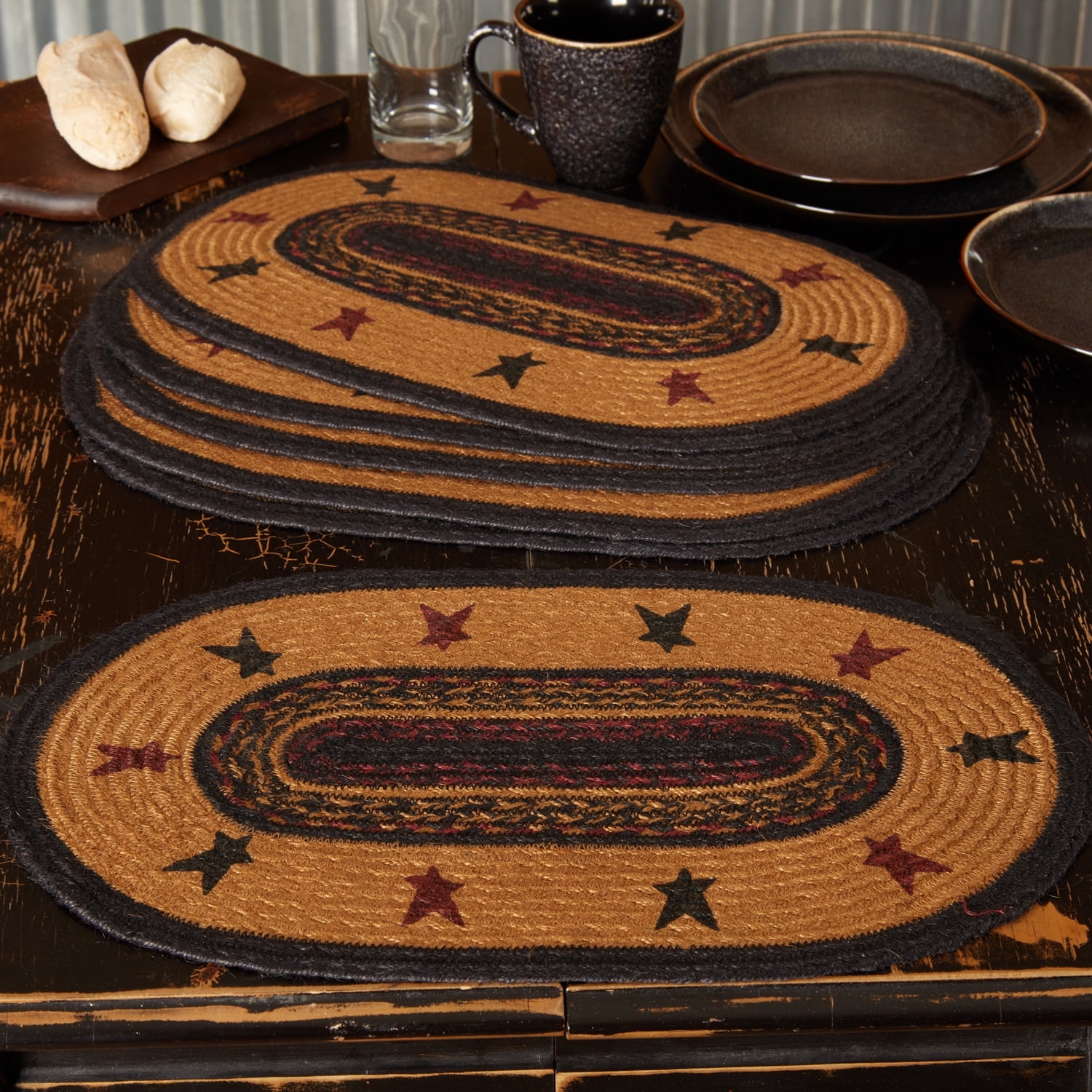 VHC Brands Heritage Farms Star Jute Placemat Set of 6 12x18 Primitive Country Braided Kitchen Tabletop Design, Tan