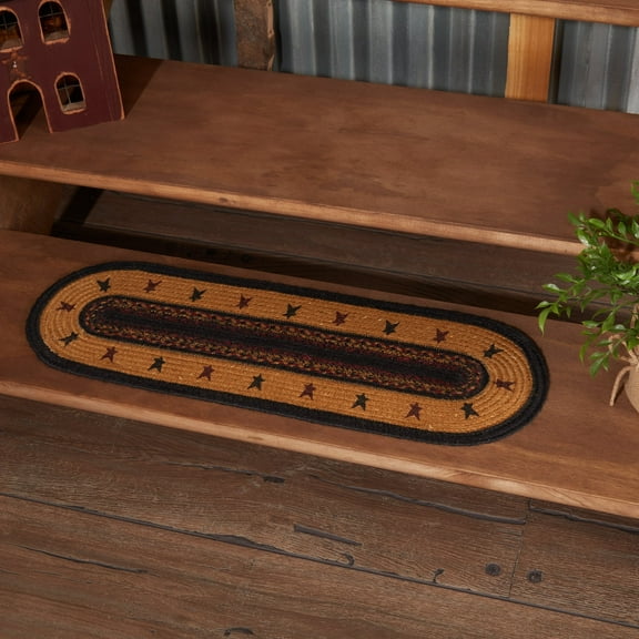 VHC Brands Heritage Farms Primitive Star Yellow Stenciled Oval Jute Stair Tread Latex 8.5"x27"