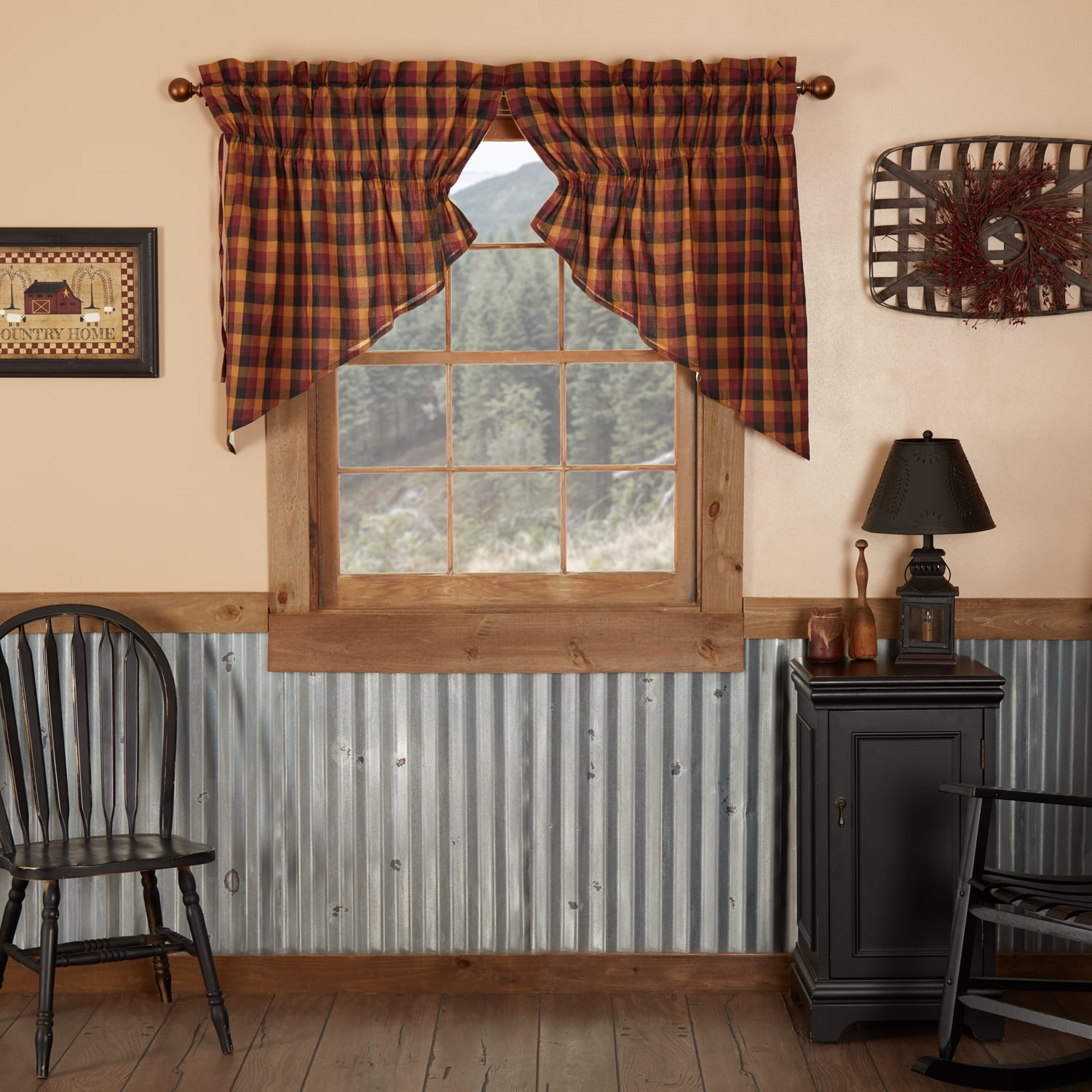 Rustic Burgundy and Mustard Plaid Rod Pocket Valance Set