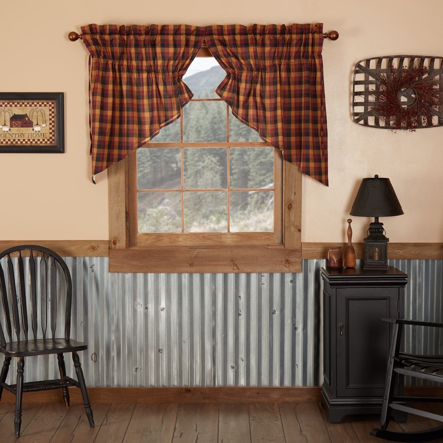Rustic Burgundy and Mustard Plaid Rod Pocket Valance Set