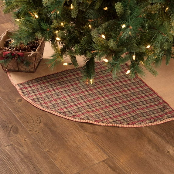 VHC Brands Holiday Decor-Clement Tan Tree Skirt, 48" Diameter, Red