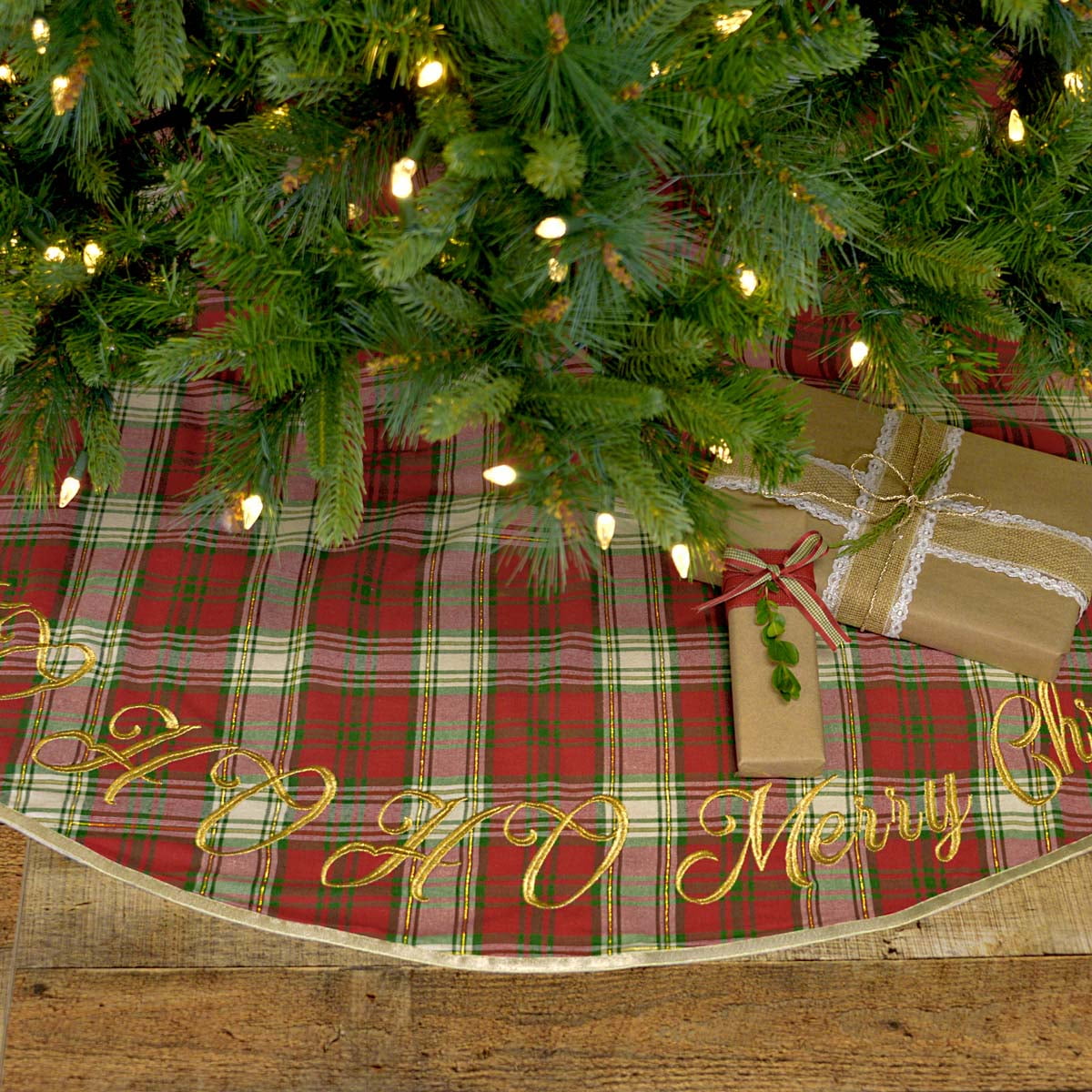 HO HO Holiday Red and Green Plaid 48" Tree Skirt