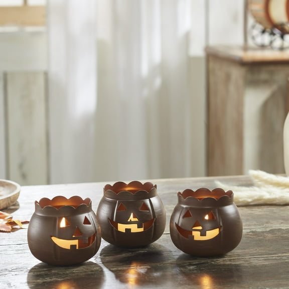 VHC Brands Jack-O-Lantern Candle Holder Bronze Set of 3, Fall and Halloween Kitchen Dining Table Candle Holder, Pumpkin Decor Bronze, 3x3.5
