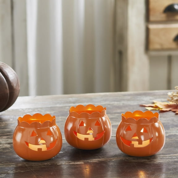 VHC Brands Jack-O-Lantern Candle Holder Orange Set of 3, Fall and Halloween Kitchen Dining Table Candle Holder, Pumpkin Decor Pumpkin Orange, 3x3.5