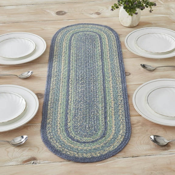 VHC Brands Jolie Farmhouse 12"x36" Table Runner Blue Textured Jute Striped Oval Kitchen Table Decor