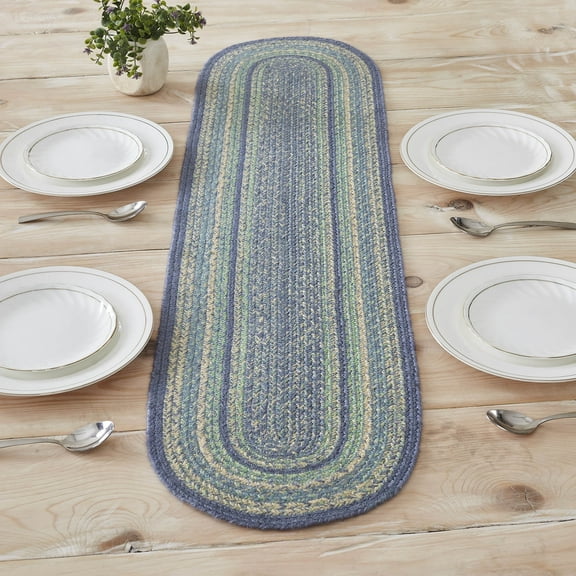VHC Brands Jolie Farmhouse 12"x48" Table Runner Blue Textured Jute Striped Oval Kitchen Table Decor