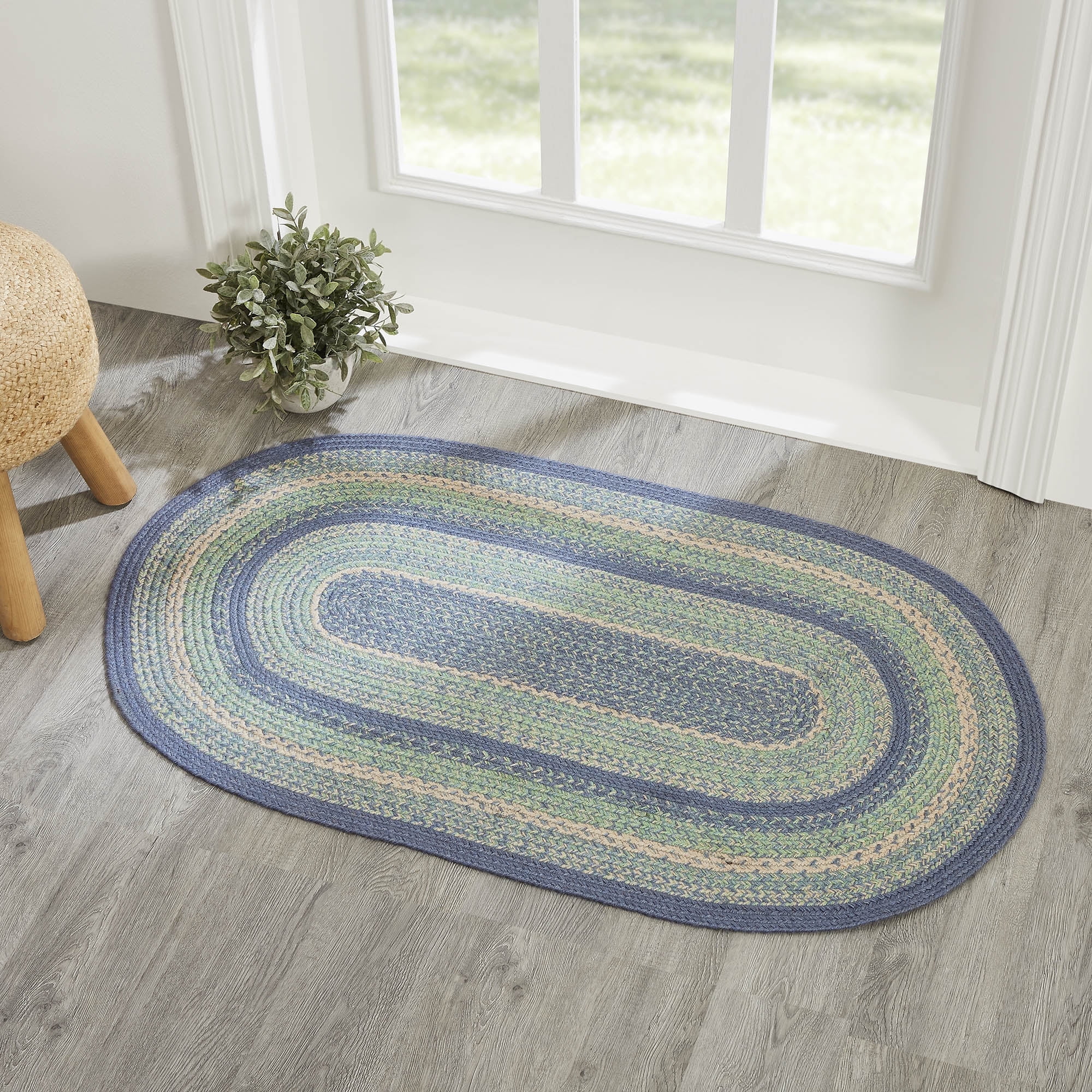 VHC Brands Jolie Farmhouse 27"x48" Accent Rug Blue Textured Jute Striped Pad Oval Floor Decor