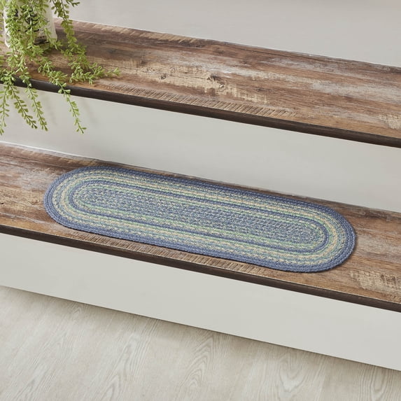 VHC Brands Jolie Farmhouse 8.5"x27" Stair Tread Blue Textured Jute Striped Latex Backing Oval Floor Decor