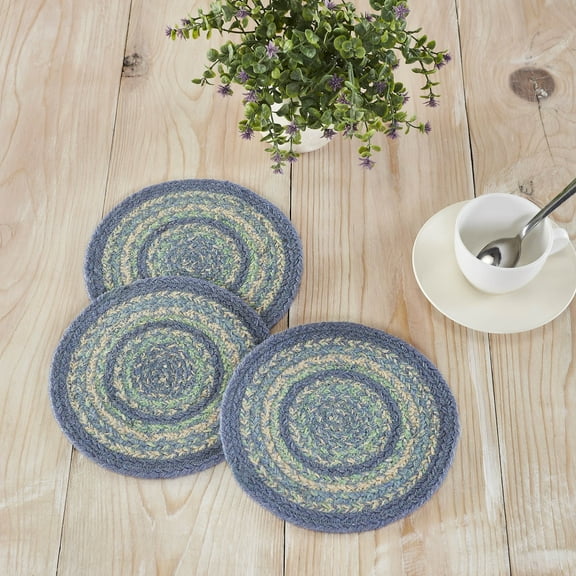 VHC Brands Jolie Farmhouse 8 in Trivet Set of 3 Blue Textured Jute Striped Round Kitchen Table Decor