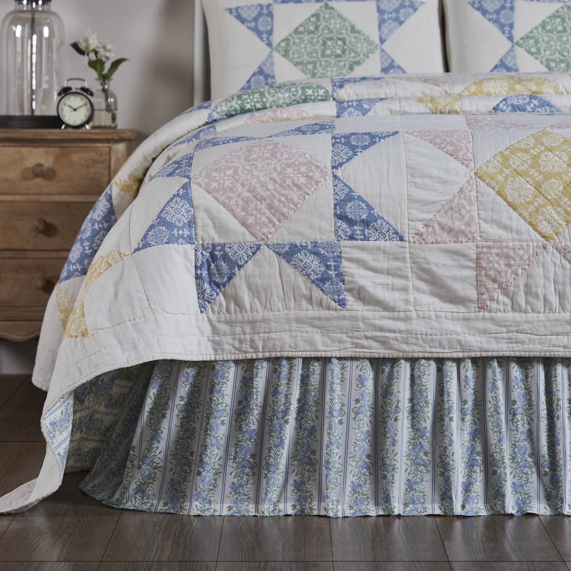 VHC Brands Jolie, Farmhouse Bed Skirt Dust Ruffle, Floral, King, Blue & Green, 78x80x16
