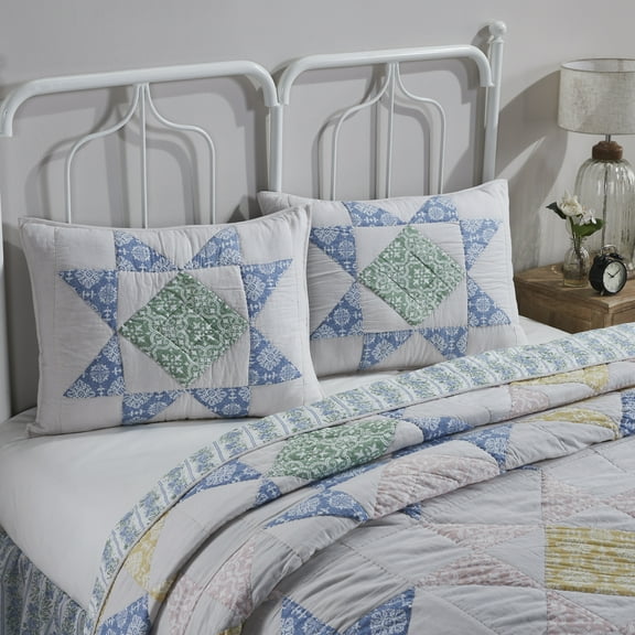 VHC Brands Jolie, Farmhouse Quilted Bed Sham, Standard, Patchwork, Blue & Green, 21x27