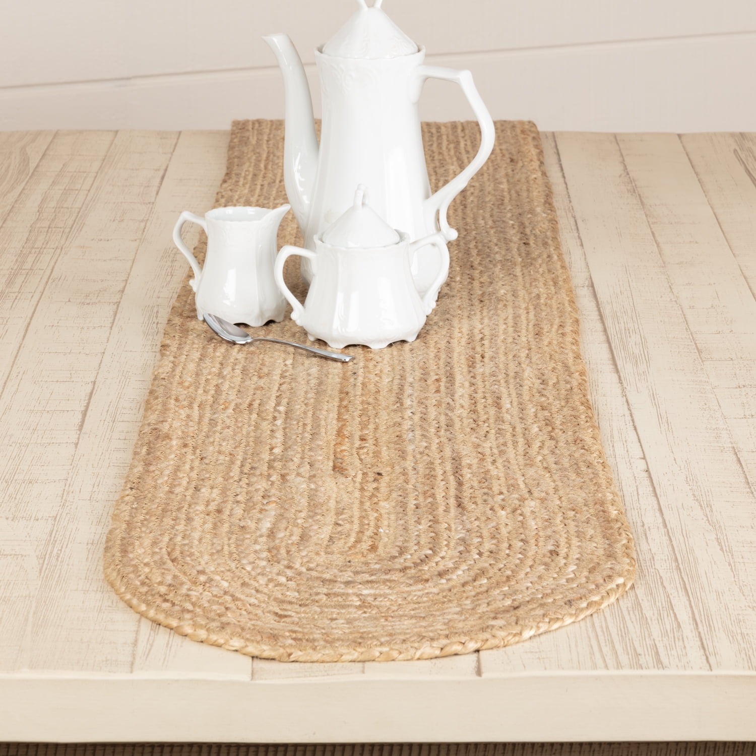 Natural Tan Braided Jute Farmhouse Table Runner, 13x90 Inches