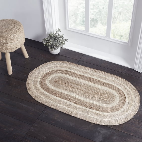 VHC Brands Jute Rug Oval with Pad, Natural and Crème, 27x48