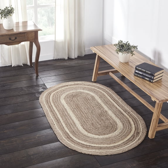 VHC Brands Jute Rug Oval with Pad, Natural and Cr